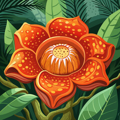 A vibrant rafflesia arnoldii flower blooms amidst lush green tropical foliage
