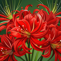 Vibrant red spider lilies bloom with long curving petals against a dark backdrop