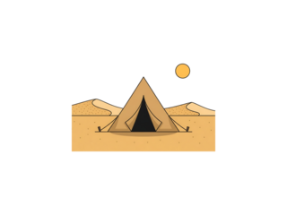 A serene desert landscape with a tent under a full moon at night