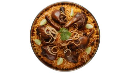 Savory traditional arabic mandi rice featuring tender braised poultry pieces garnished with onions on transparent background