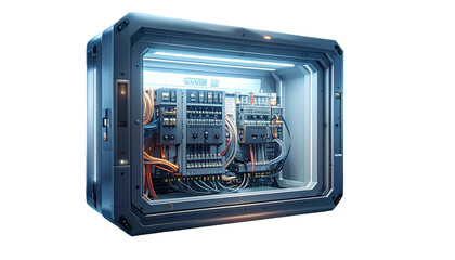 Futuristic box reveals intricate electronic circuits and wires