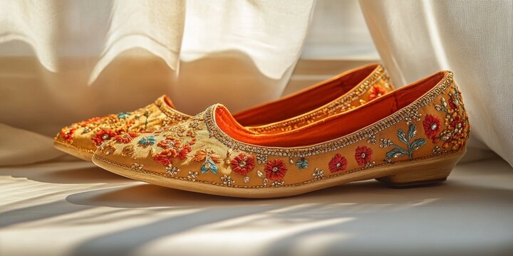 Elegant jutti shoes resting on a soft surface with sunlight filtering through sheer curtains