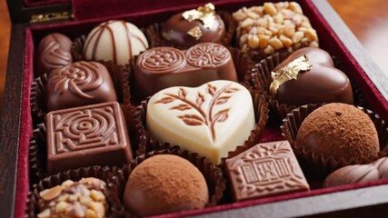 A dark wood box holds an array of artisanal chocolates including hearts truffles and decorated pieces set on red velvet lining