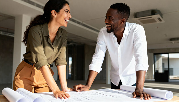 Diverse architects collaborating over blueprints on a construction site. Happy colleagues planning a new real estate project. Teamwork and partnership concept - Powered by Adobe