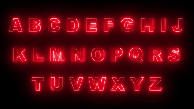 glowing neon Alphabet English capital letter text icon animation A through Z. neon English Alphabet text animation. The letters are presented in uppercase and are arranged in three rows. 4k video.