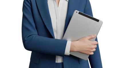 Businesswoman in Blue Suit Holding a Tablet