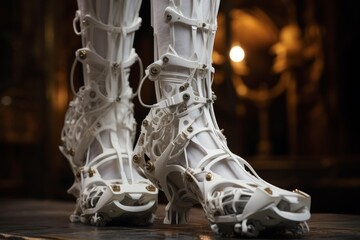 White high heels featuring an intricate futuristic exoskeleton design for modern fashion