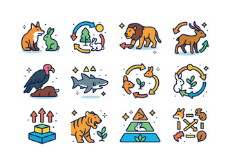 Fototapeta premium Isometric Food Chain Icons. Food Chain. Colorful isometric vector icons set of Food Chain: predator-prey pair, ecosystem loop, hunting arrows, scavenger icon,