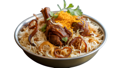 Delicious savory chicken leg biryani rice dish garnished with crispy fried onions and herbs on transparent background