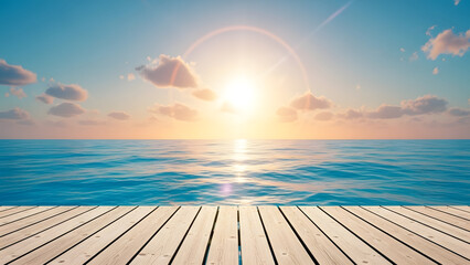 Sunset over calm ocean water viewed from a wooden dock at sunrise or sunset