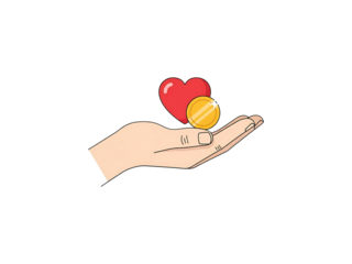 An open hand holding a red heart and a gold coin on a black background