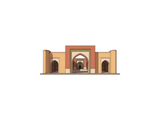 A 3D rendering of an ancient Middle Eastern building with arched doorways and a central entrance