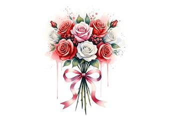 A beautiful watercolor bouquet of red, pink, and white roses with a delicate pink ribbon