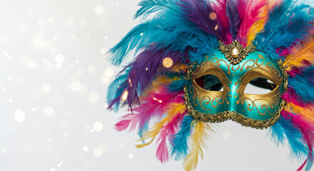 Teal Venetian mask with gold scrollwork and vibrant feathers.
