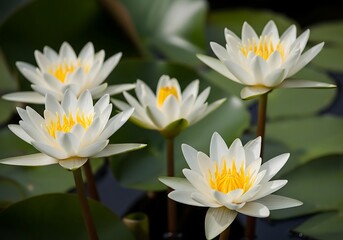 Beautiful cluster of white water lilies with vibrant yellow centers blooming in a pond
