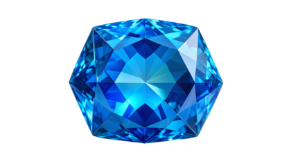 Faceted blue gemstone, hexagon shape, brilliant cut, isolated black background
