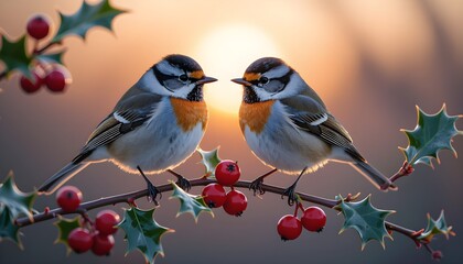 Inverno e gelo: pettirossi su di un ramo di agrifoglio con neve e ghiaccio