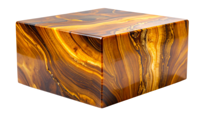 A cubic sculpture with glossy, swirling tiger's eye-like patterns