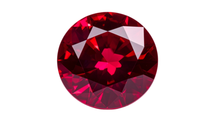 Vibrant, faceted, round gemstone with intense red color and facets