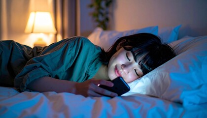 寝る前にスマホを見る女性 不眠イメージ　ブルーライト