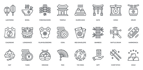 Lunar New Year Icon Set. Containing Lanterns, Firecrackers, Temple, Dumplings, Calendar, Coin, Yuan, Orange, Yin Yang, Gong, Gold Icon. Outline Style