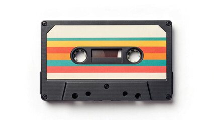 Obraz premium Vintage audio cassette with colorful stripes displayed on a white background