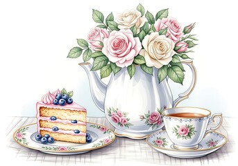 A delightful watercolor illustration of an elegant tea time setup with cake and roses