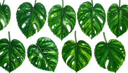 Watercolor paintings of Monstera leaves showing variations
