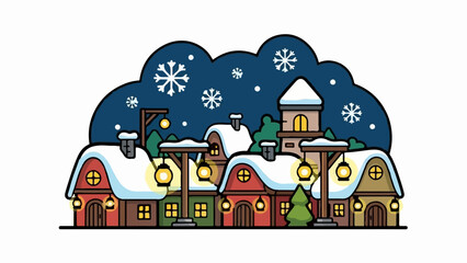 Obraz premium Cozy, snow-covered village with glowing lanterns under a starry night sky