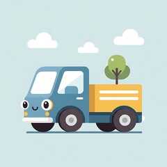 Fototapeta premium Smiling cartoon truck with tree.