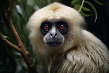 Obraz premium Gibbon ape with white fur and dark face looking directly at the viewer