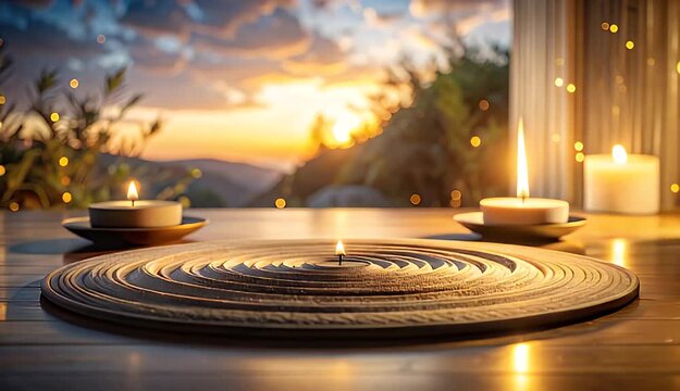 Warm Candlelight Glow Enhances Serene Sunset View With Natural Landscape Background And Soft Bokeh Lights