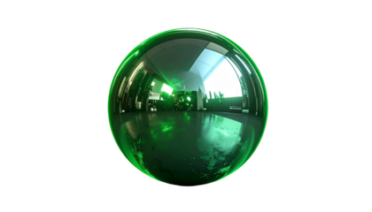 Gleaming green sphere reflects a room's interior against black