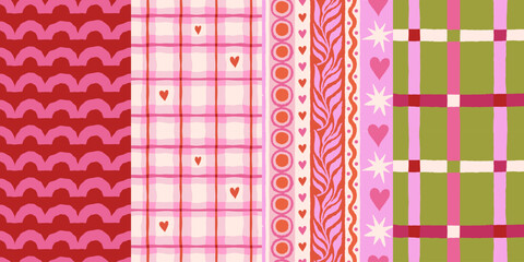 Vector set of seamless patterns, abstract hand-drawn quirky doodle love theme wallpapers, Valentine's day decorative wrapping paper and backgrounds with hearts and flowers