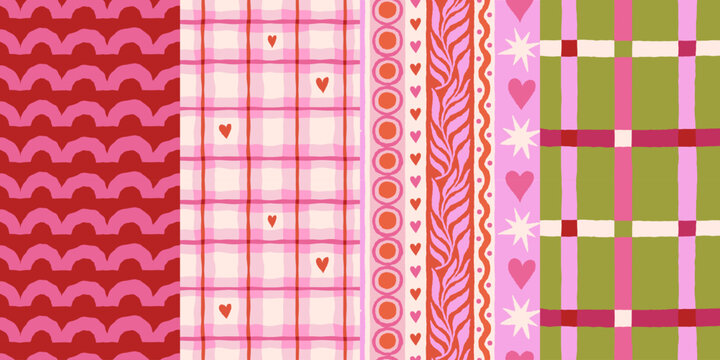 Vector set of seamless patterns, abstract hand-drawn quirky doodle love theme wallpapers, Valentine's day decorative wrapping paper and backgrounds with hearts and flowers