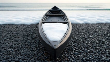Canoe resting on pebbles near the water during dawn at a beach location