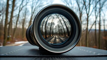Camera lens shows forest path through trees in winter season