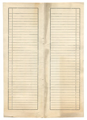 Open tall and narrow vintage notebook ledger with blank lined pages on aged brown paper isolated