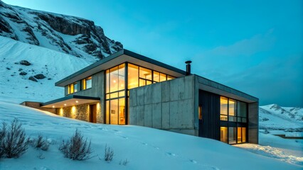 Modern house located in snowy mountains during dusk with bright windows shining
