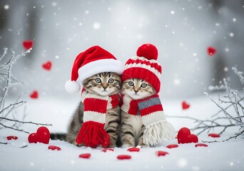 Adorable kittens in festive winter attire embracing the holiday spirit with love and snow
