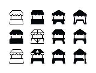 Naklejka premium Sunday Market Icons. Sunday market mornings. Icon set. Set Logo of Sunday market mornings: outdoor market stalls. harmonious logo variations of the same