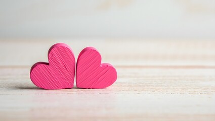 Fototapeta premium Minimalist Valentine Day Concept with Pink Hearts on Light Wood