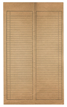 Open tall and narrow vintage notebook ledger with blank lined pages on aged brown paper isolated