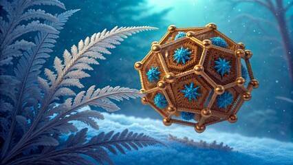Visual representation of a hexagonal structure in a snowy forest setting with blue elements