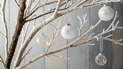 Unique decorations hang from branches of a white tree in a simple indoor setting for the season