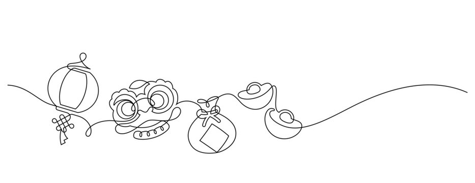 chinese new year one line drawing continuous decorative copy space minimalist art celebration event. Lion dance,paper lantern festival greeting