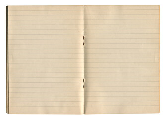 Open vintage school handwriting notebook with wide ruled pages isolated on white