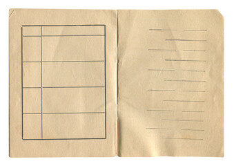 vintage notebook ledger page with blank lines on aged brown paper isolated