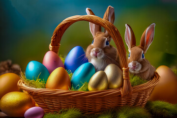 Zwei H&auml;schen in einem Osterkorb gef&uuml;llt mit vielen bunten Eiern