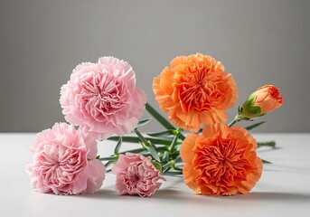 Vibrant pink and orange carnation flowers with a fresh bud on a clean surface